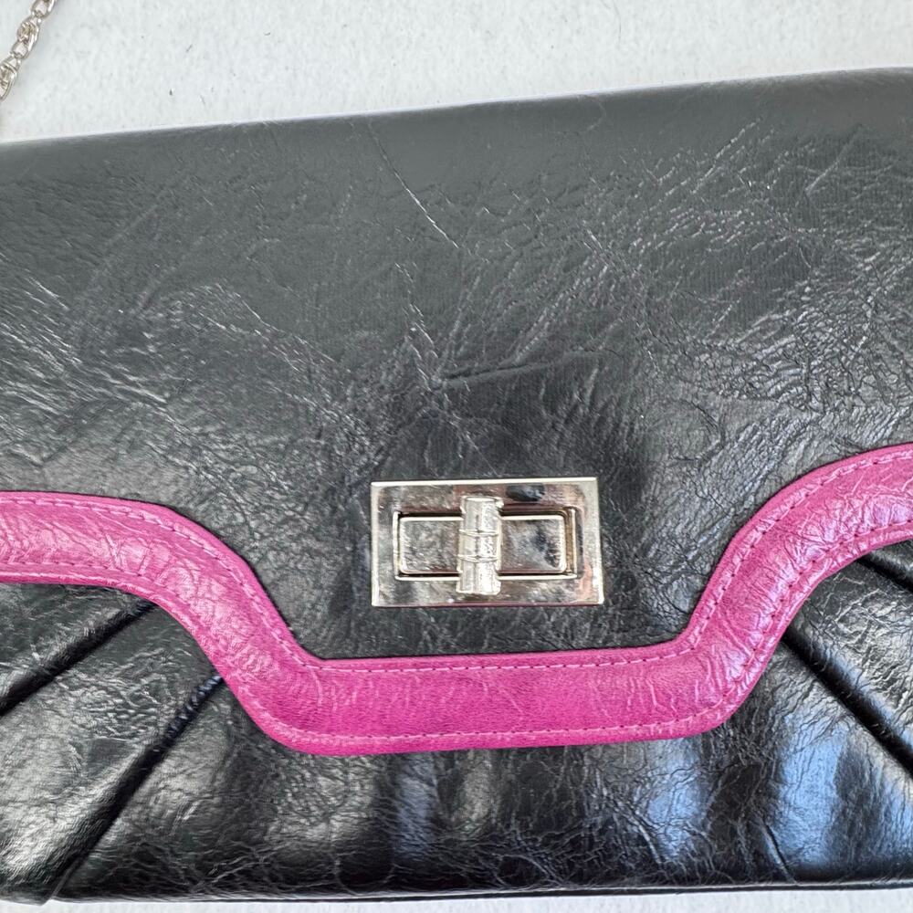 Vintage Black faux Leather Shoulder Bag Pink Trim Y2K Retro Baguette Purse - Picture 4 of 9